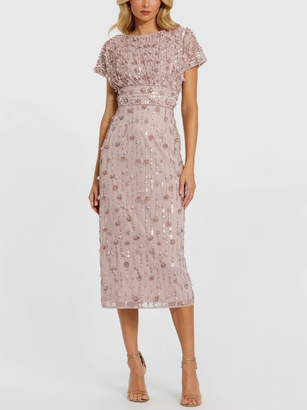 NWT Mac Duggal Pink Cap Sleeve Sheath Midi Dress with Beading 94117 Size 14